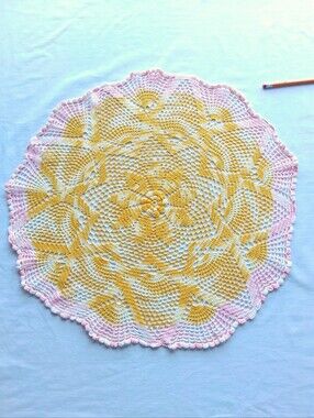 Vintage Floral Crochet Tablecloth Doily Boho Home Decor 70s Yellow Pink